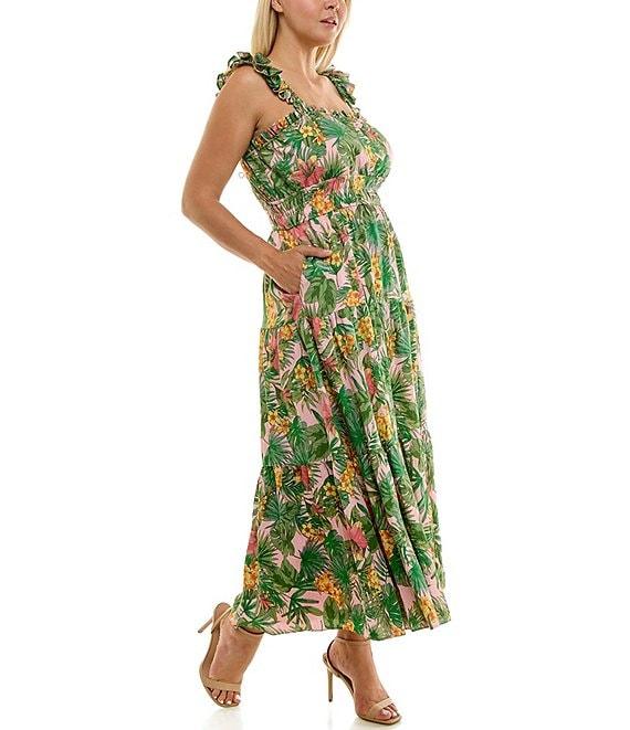 Moda Tara Plus Size Square Neck Sleeveless Tropical Print Tiered A-Line Sundress Product Image