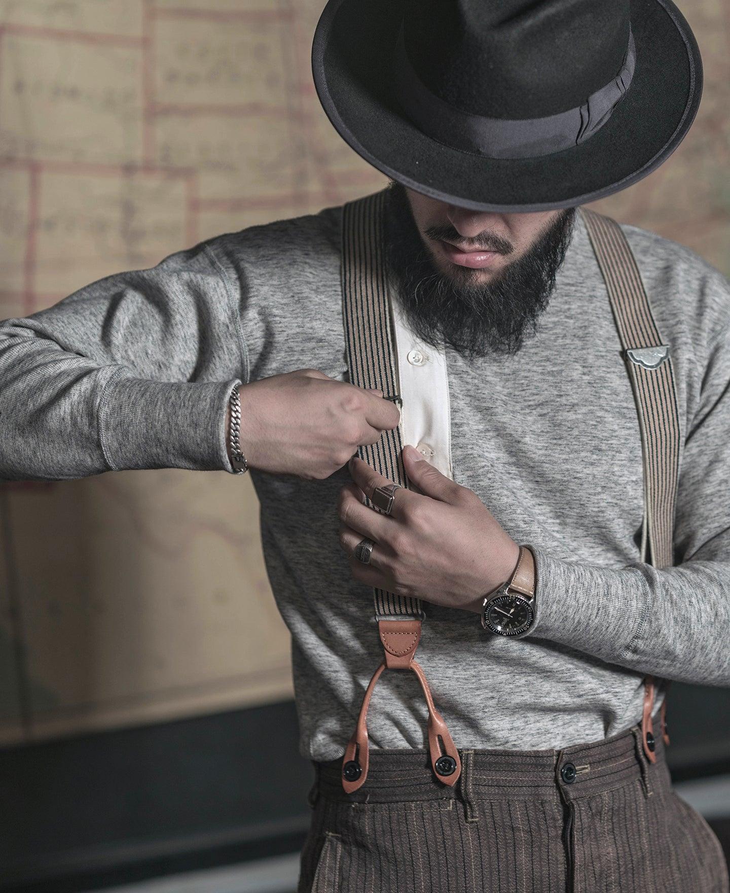 Old-Time Y-Back Leather Button Suspenders - Blue/Yellow Stripe Product Image