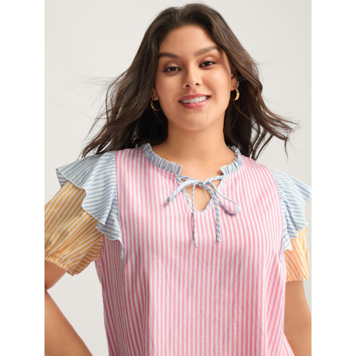 Plus Size Multicolor Cotton Colorful Stripes Ruffled Neck Tie Blouse Women Short sleeve Notched collar Everyday-Elegant Blouses BloomChic 22-24/3X Product Image