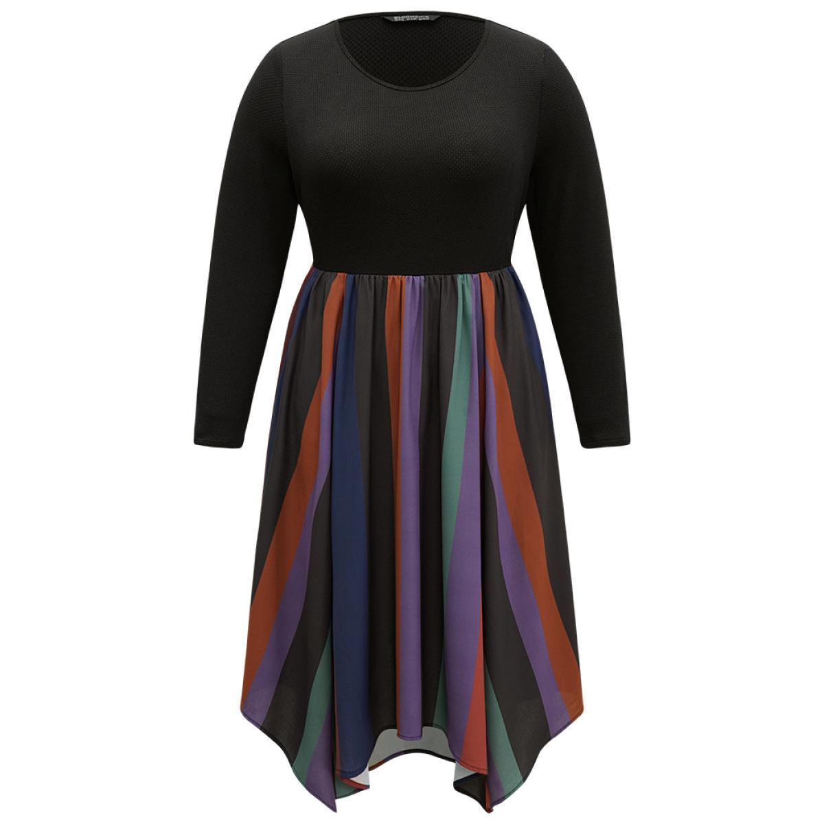 Plus Size Striped Colorblock Contrast Pocket Elastic Waist Dress Multicolor Women Office Patchwork Round Neck Long Sleeve Curvy Midi Dress BloomChic 26/4X Product Image