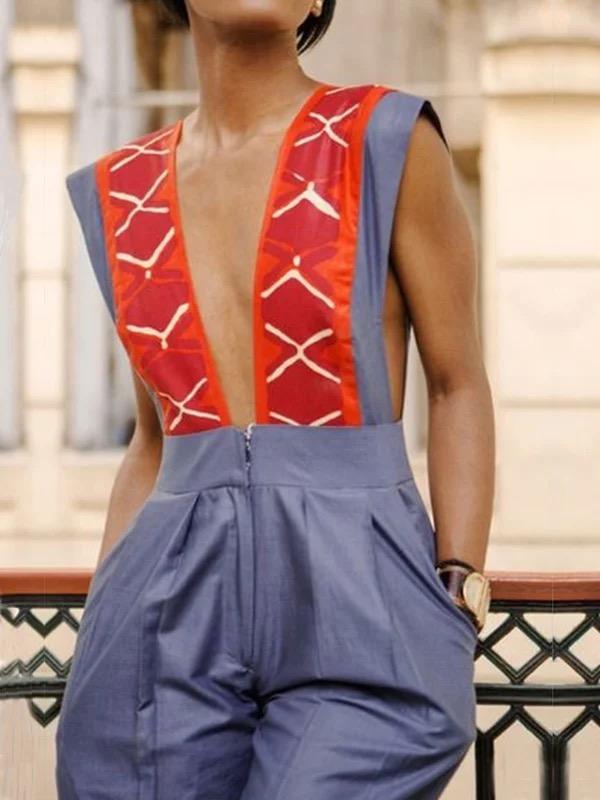 High Waisted Sleeveless Contrast Color Pleated Pockets Zipper Deep V-Neck Jumpsuits Product Image