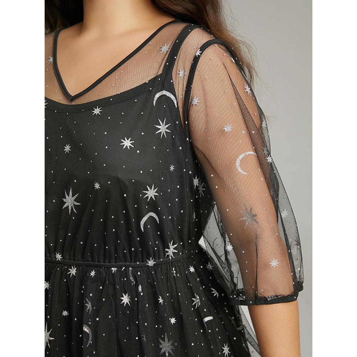 Plus Size Crochet Lace Mesh Moon & Star Dress Black Women Cocktail See through V-neck Elbow-length sleeve Curvy Midi Dress BloomChic 30/6X Product Image