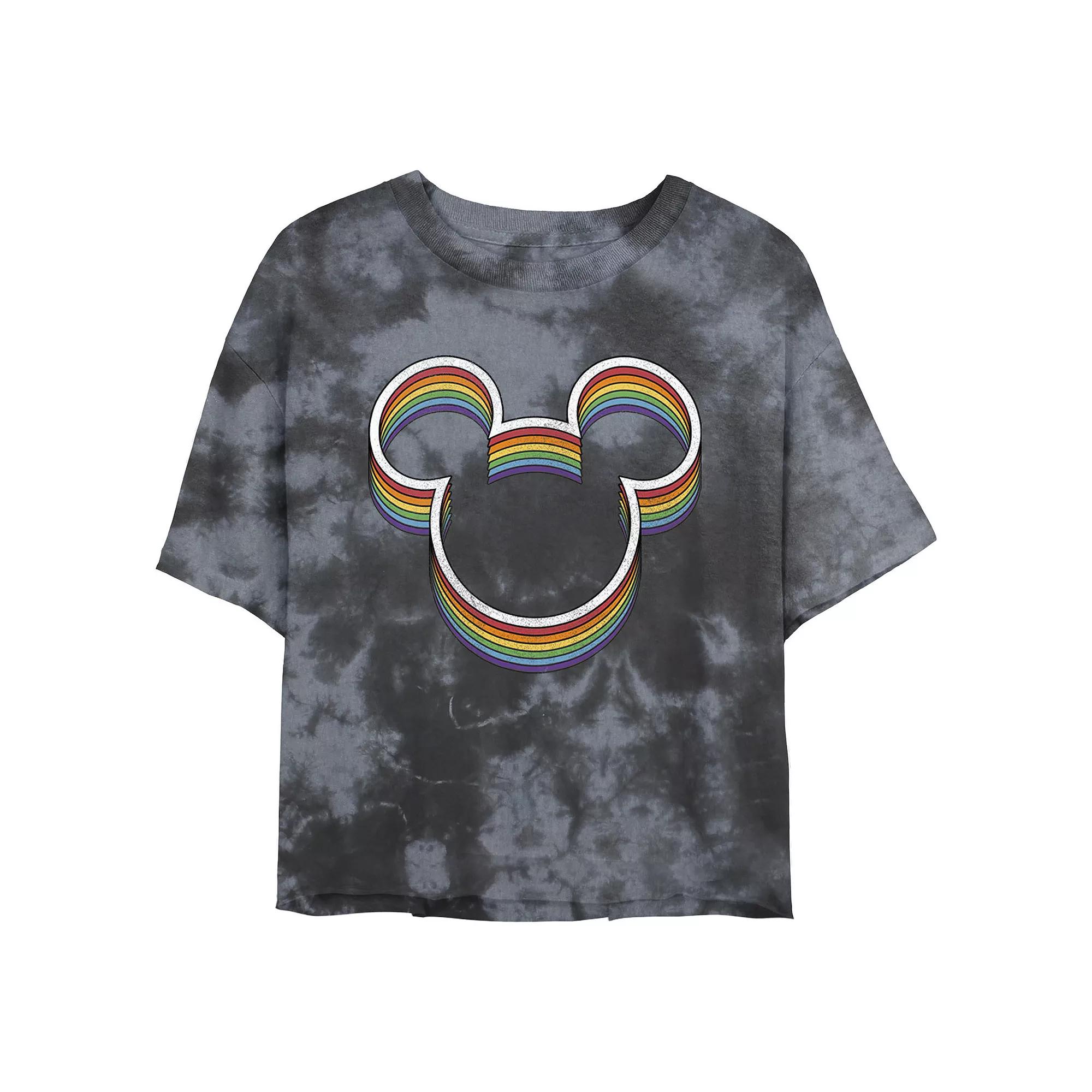 Disney's Mickey Mouse Rainbow Outline Ears Juniors' Cropped Graphic Tee, Girl's, Size: XL, Black Grey Product Image