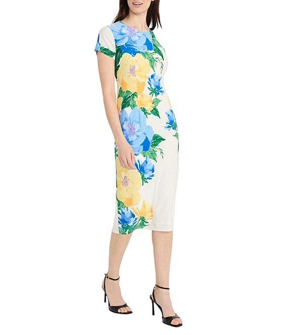 Maggy London Matte Jersey Floral Placement Print Crew Neck Short Sleeve Midi Dress Product Image