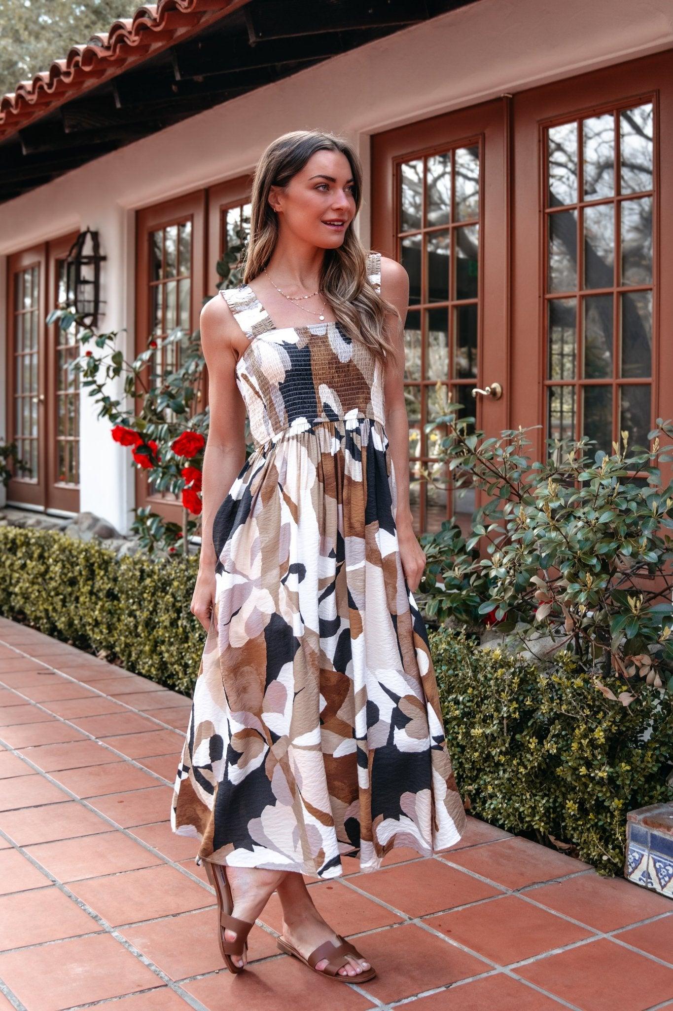 Taupe Multi Print Smocked Midi Dress - FINAL SALE Product Image