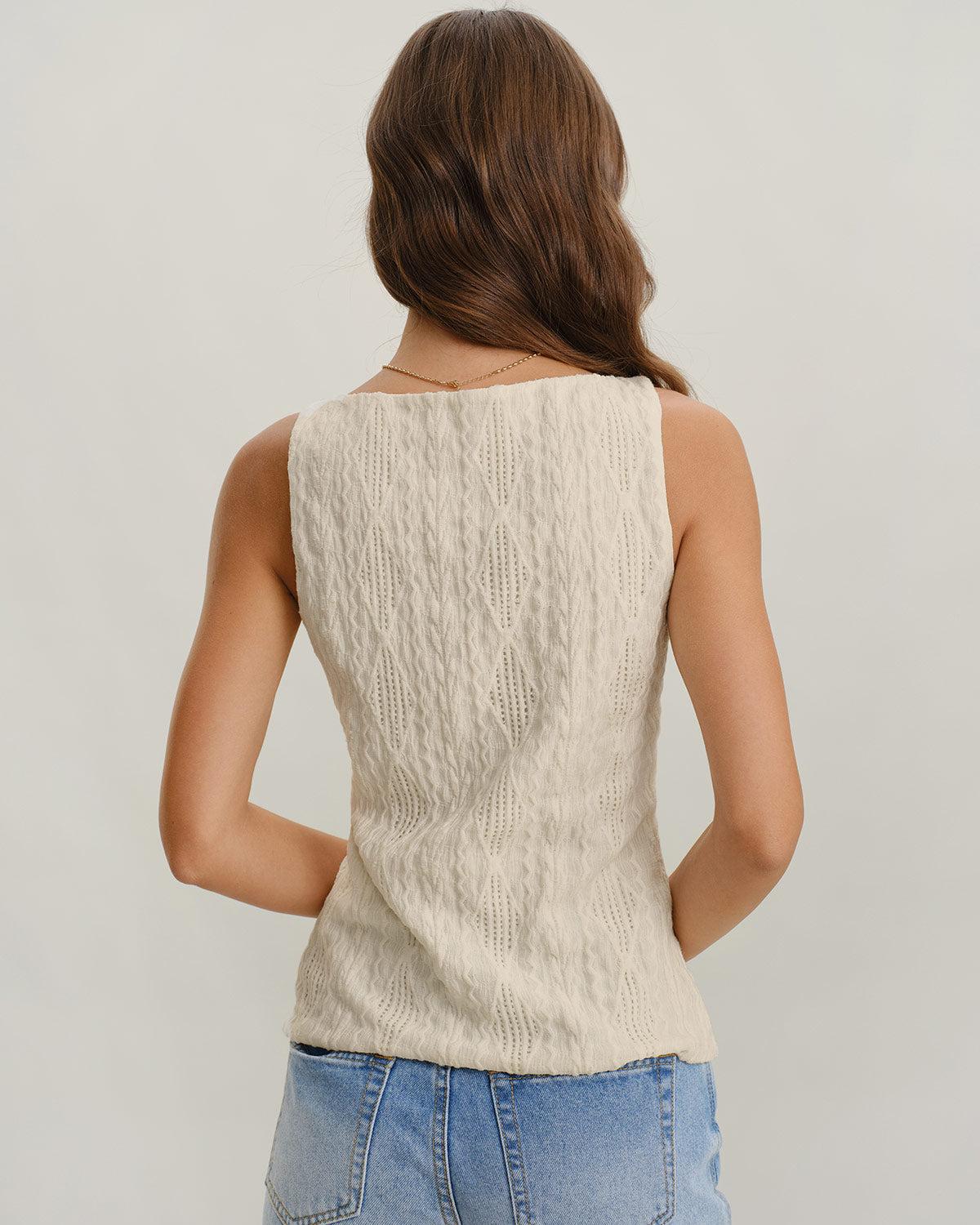 Beige Boat Neck Button Tank Top Product Image