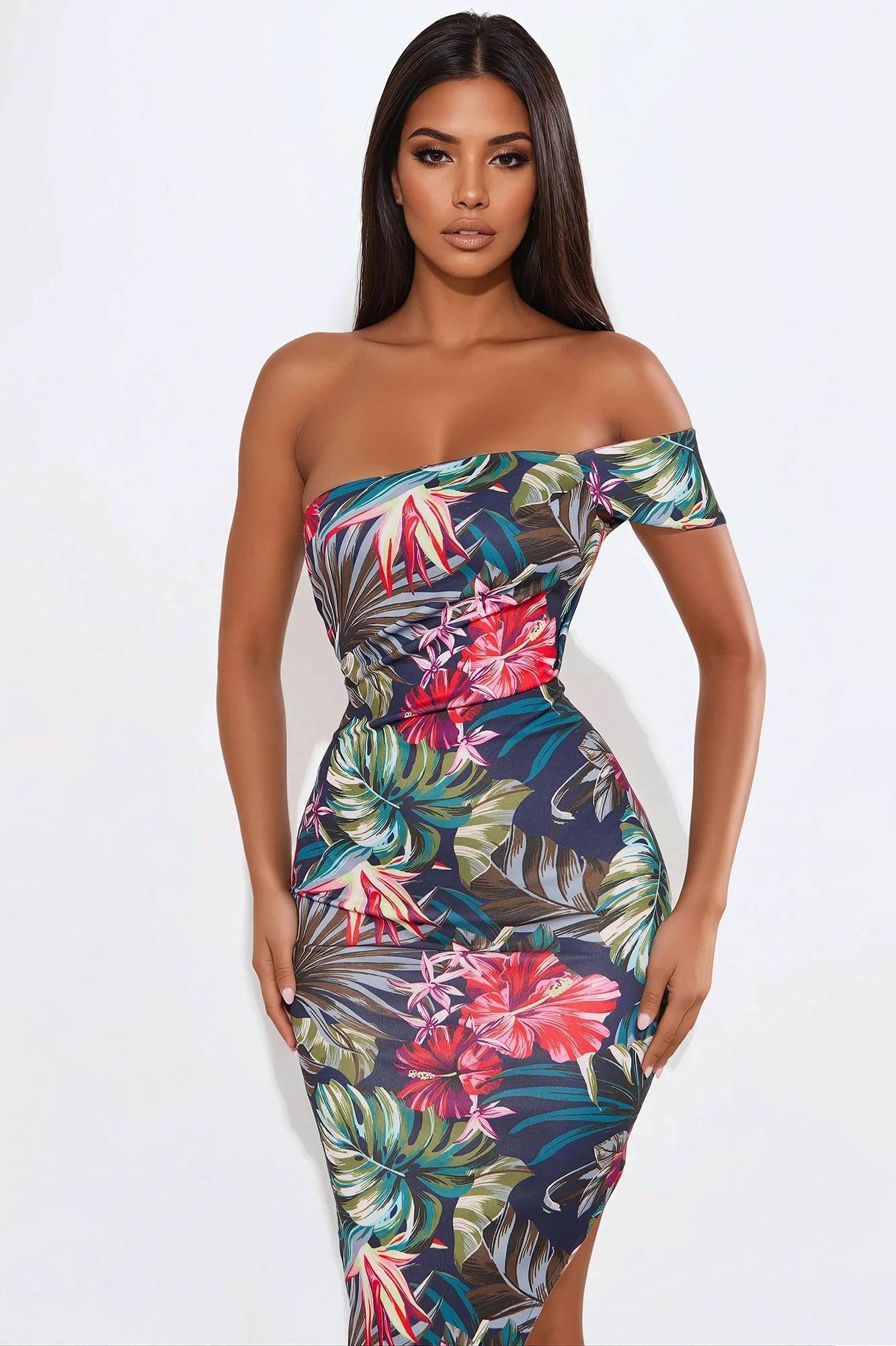 Island Gal Tropical Off Shoulder Midi Dress - Navy/combo Product Image
