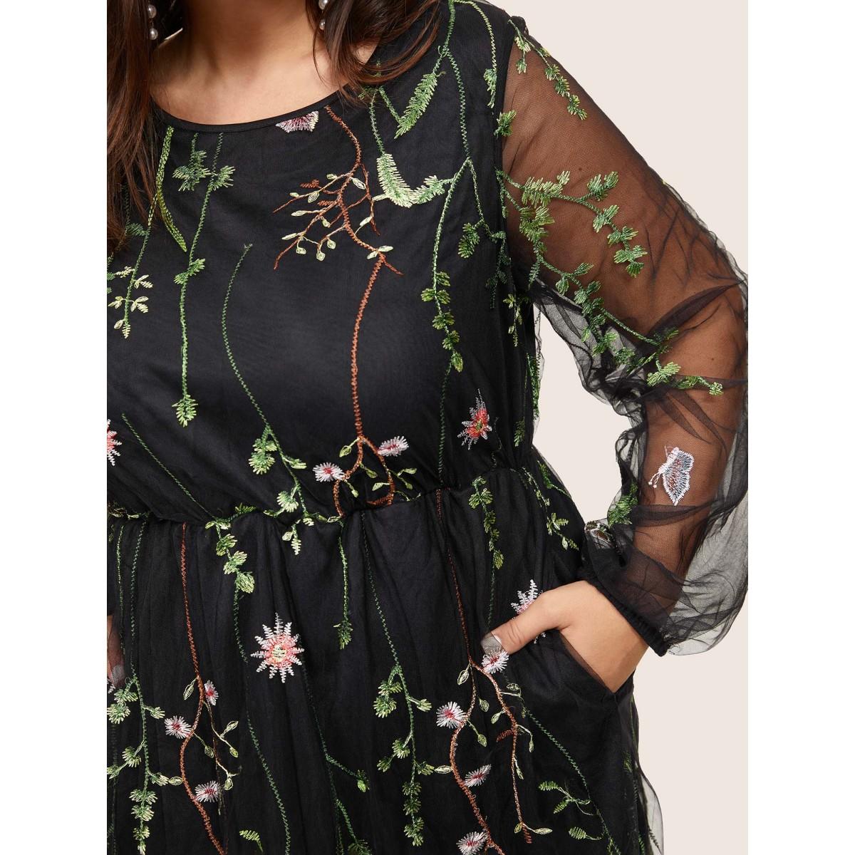 Plus Size Floral Embroidered Mesh Pocket Lantern Sleeve Dress Black Women Cocktail Elastic cuffs Round Neck Long Sleeve Curvy Midi Dress BloomChic 10/M Product Image