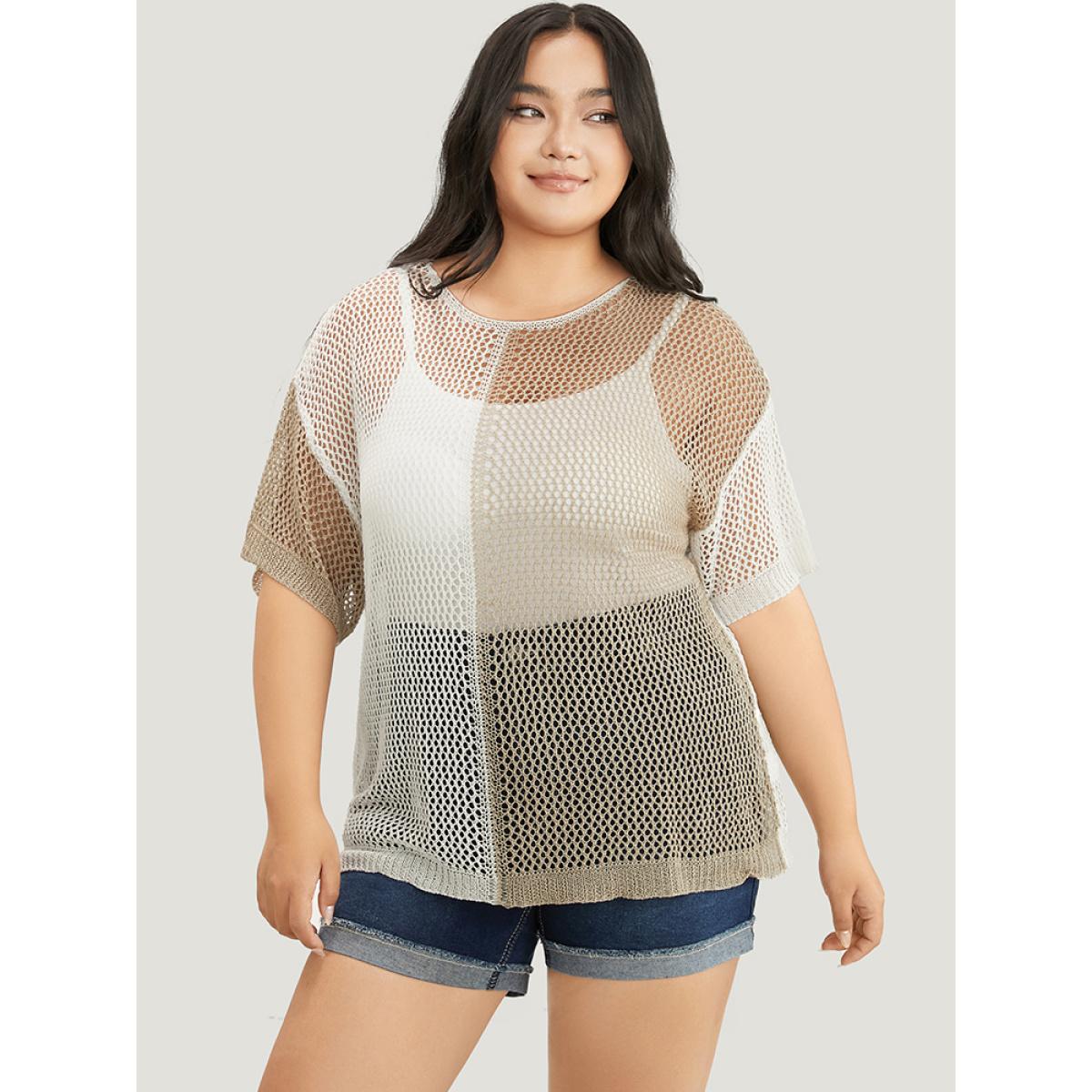 Plus Size Colorblock Contrast Hollow Out Batwing Sleeve Knit Top Multicolor Women Elegant Short sleeve Round Neck Dailywear Pullovers BloomChic 12/L Product Image