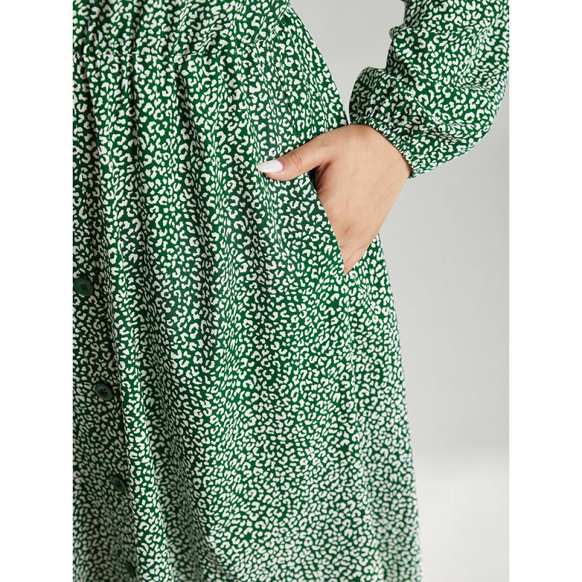 Plus Size Leopard Print Elastic Cuffs Button Detail Dress Green Women Elegant Elastic cuffs V-neck Long Sleeve Curvy Midi Dress BloomChic 18-20/2X Product Image