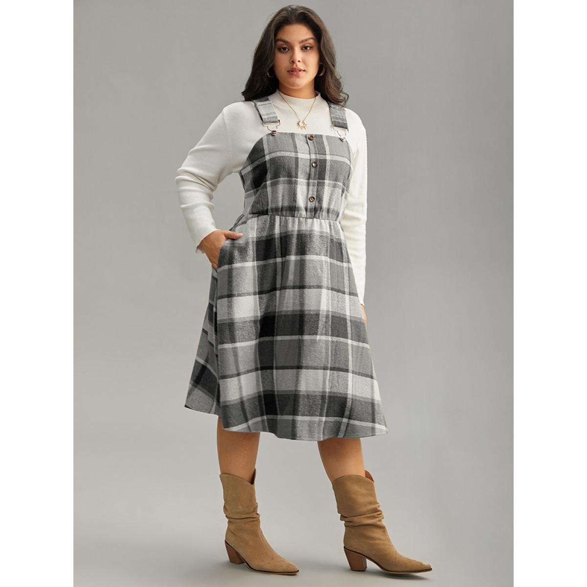 Plus Size Plaid Elastic Waist Button Detail Adjustable Straps Dress Black Women Casual Adjustable Straps Spaghetti Strap Sleeveless Curvy Midi Dress BloomChic 14-16/1X Product Image