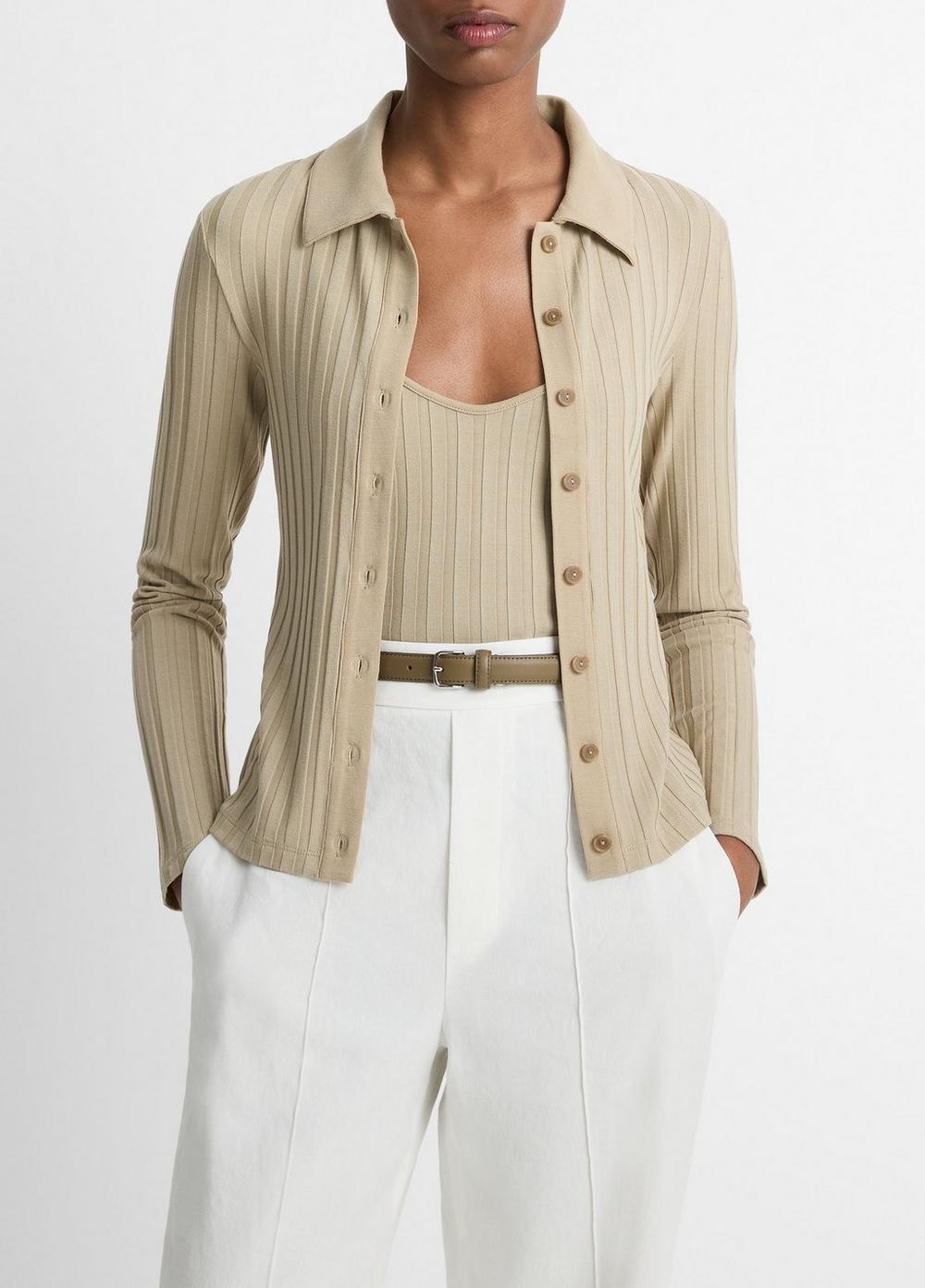 Ribbed Collared Long-Sleeve Button-Front Top Product Image