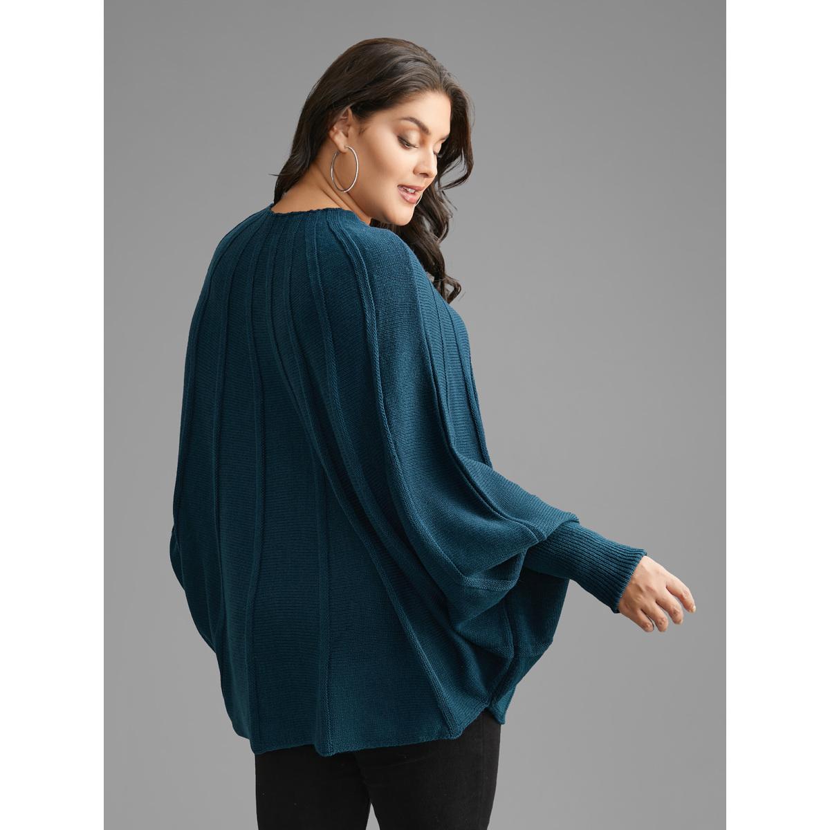 Plus Size Plain Textured Batwing Sleeve Pullover Cyan Women Casual Loose Long Sleeve Round Neck Everyday Pullovers BloomChic 18-20/2X Product Image