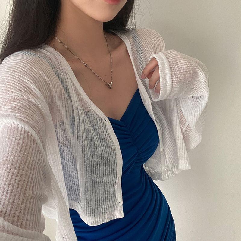 Long Sleeve Ribbed-Knit Light Crop Cardigan / Spaghetti Strap Mini Bodycon Dress Product Image