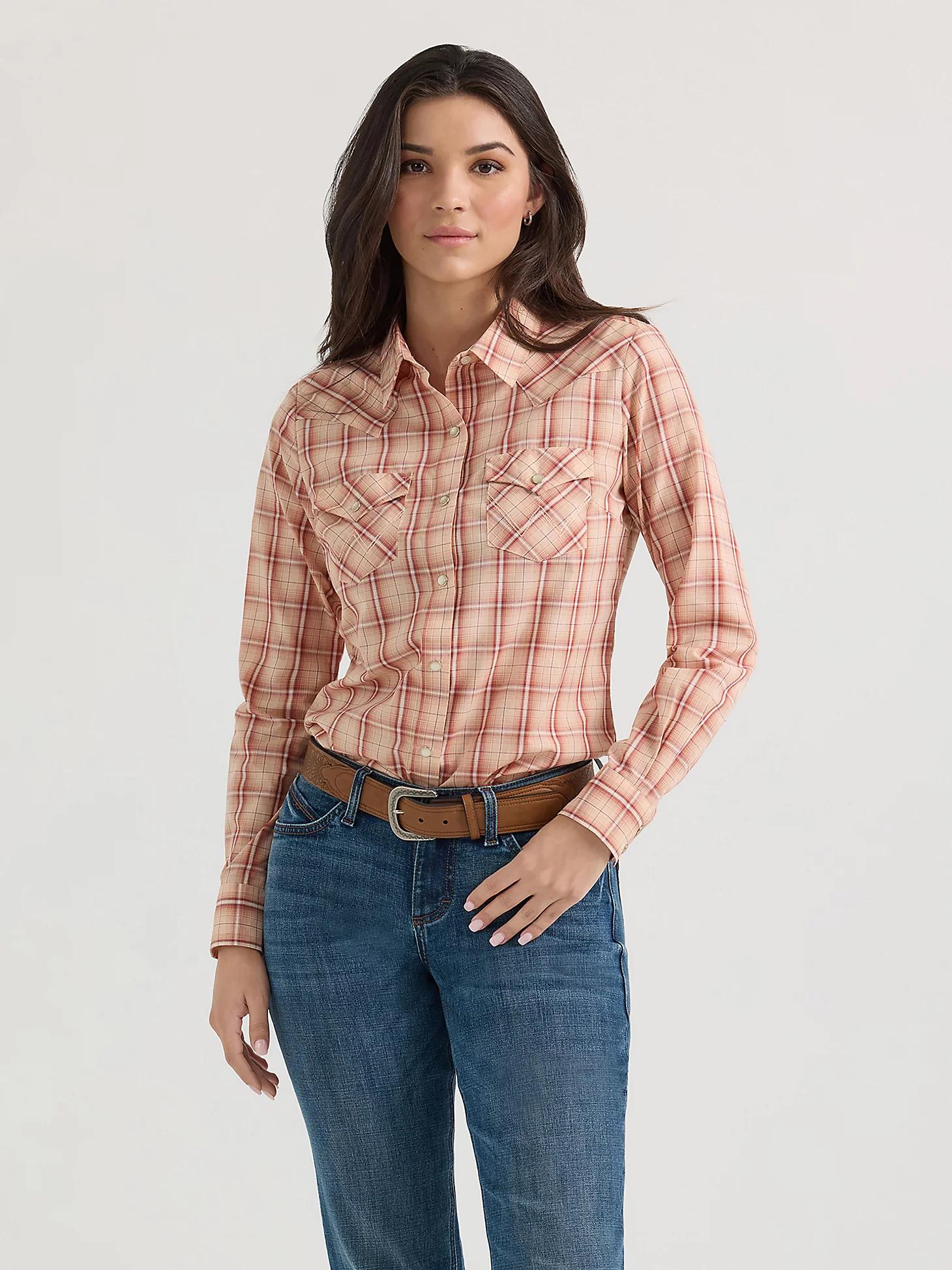 Women's Essential Long Sleeve Plaid Western Snap Top in Peachy Product Image
