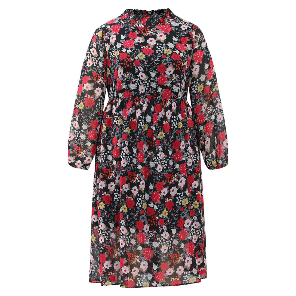 Plus Size Chiffon Floral Print Shirred Elastic Cuffs Dress Black Women Elegant Elastic cuffs Mock Neck Long Sleeve Curvy Midi Dress BloomChic 22-24/3X Product Image