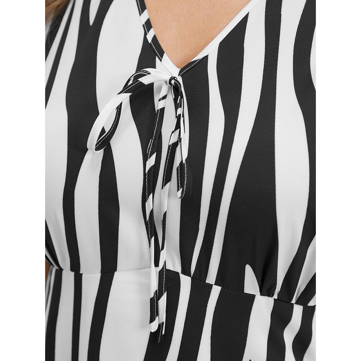 Plus Size Zebra Print Ruffle Sleeveless Pocket Knot Neck Dress Black Women Elegant V-neck Sleeveless Curvy Knee Dress BloomChic 12/L Product Image