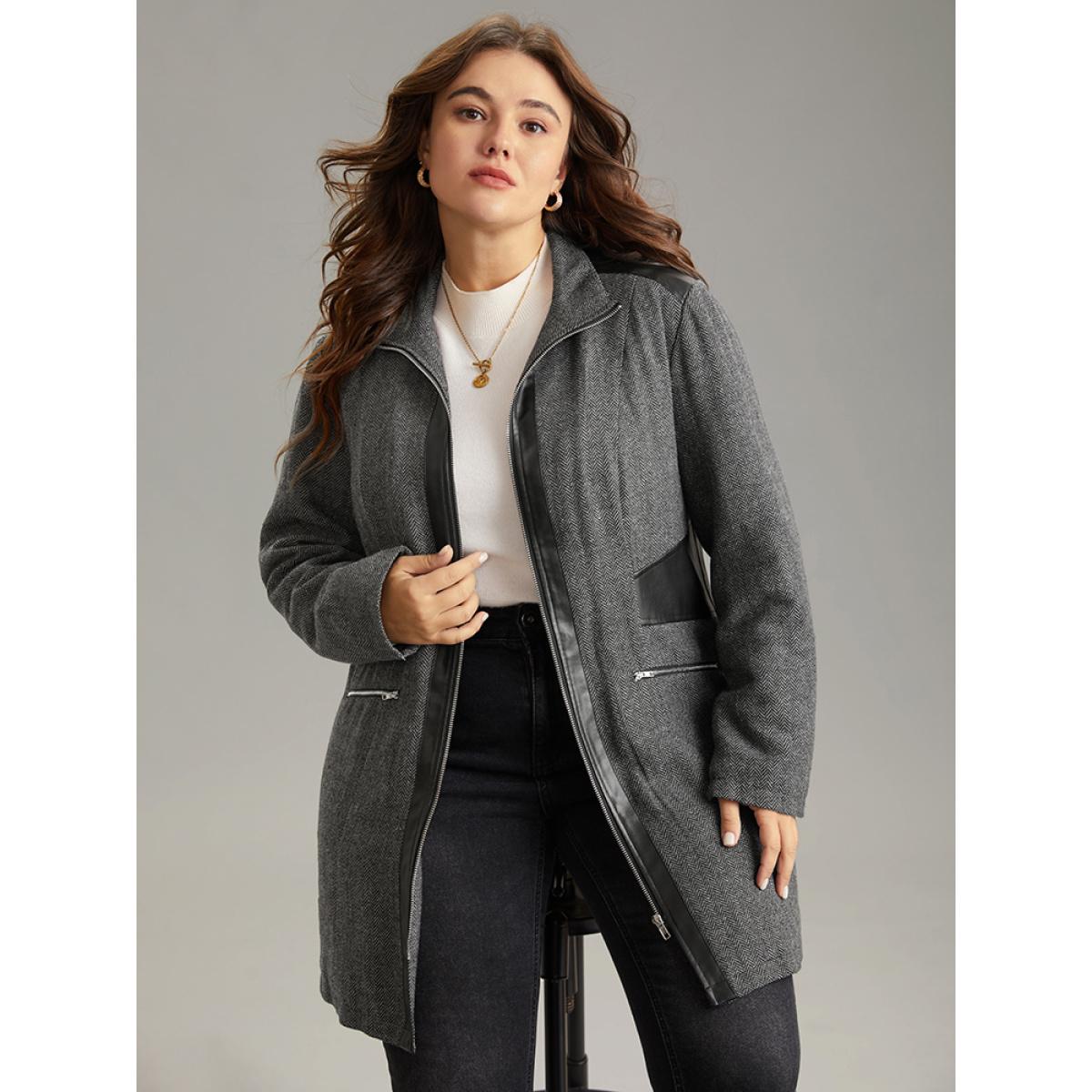 Plus Size Padded Patchwork PU Leather Zipper Coat Women Black Casual Texture Ladies Dailywear Winter Coats BloomChic 26/4X Product Image