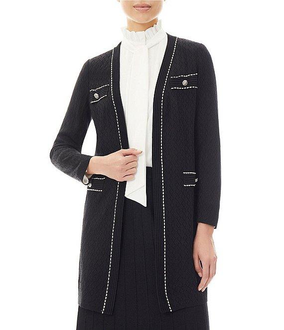 Ming Wang Pointelle Knit Contrast Trim V-Neck Long Sleeve Button Trim Detail Side Slit Jacket Product Image