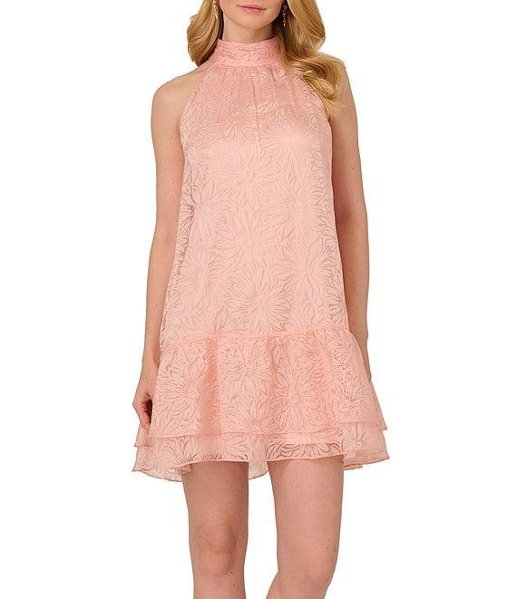 Adrianna Papell Burnout Floral Print Halter Neck Sleeveless Shift Mini Dress Product Image