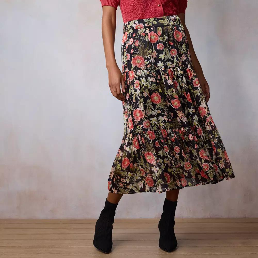 Women's LC Lauren Conrad Tiered Midi Skirt, Size: XL, Black Bryn Botanical Product Image