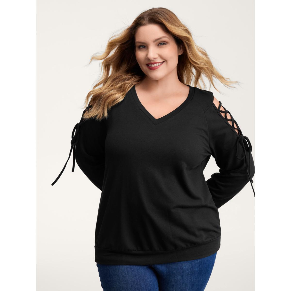 Plus Size Shoulder Crosstie Design V-Neck Sweatshirt Women Black Leisure Cross straps V-neck Casual Sweatshirts BloomChic 30/6X Product Image