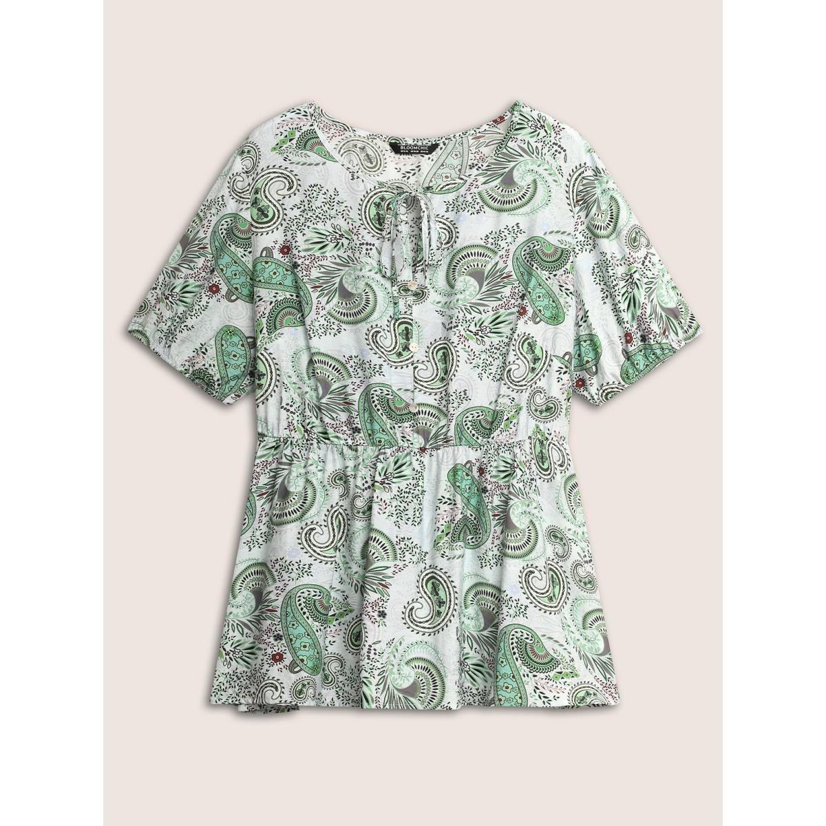 Plus Size Arctic Paisley Print Knot Elastic Waist Blouse Women Resort Short sleeve V-neck Vacation Blouses BloomChic 12/L Product Image