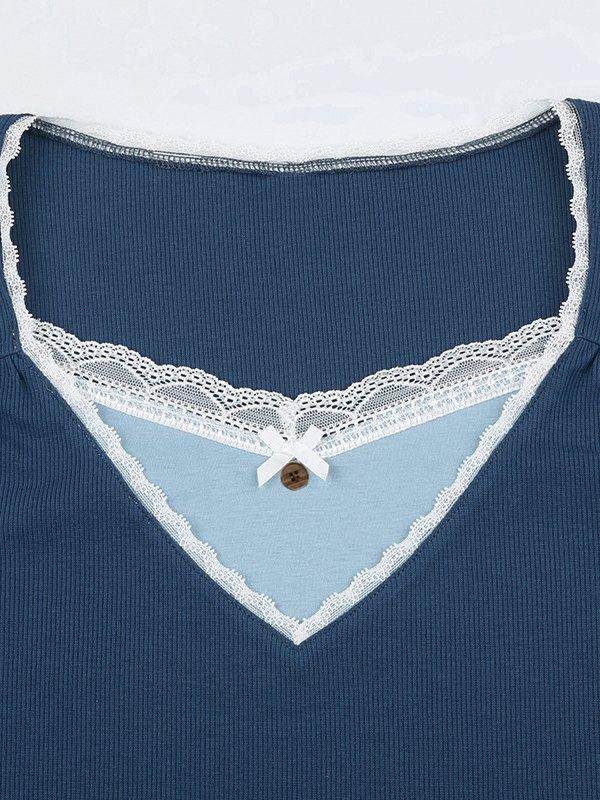 Lace Trim Patchwork Long Sleeve Knit Top Product Image