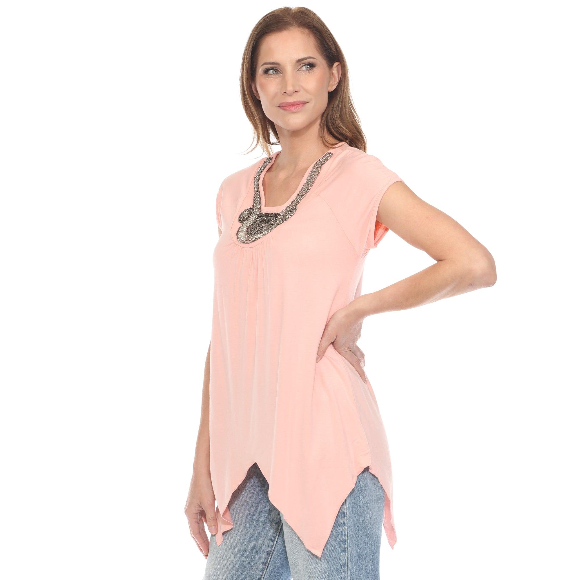 Coral Pink Beaded Angled Hem Knit Top Product Image