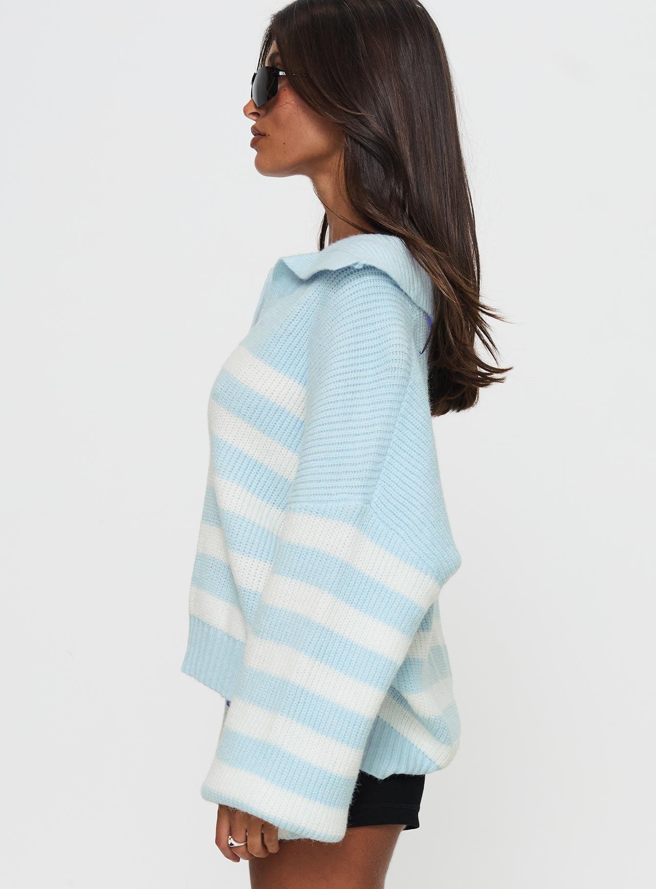 Carolena Long Sleeve Collared Knit Sweater Blue / White Stripe Product Image