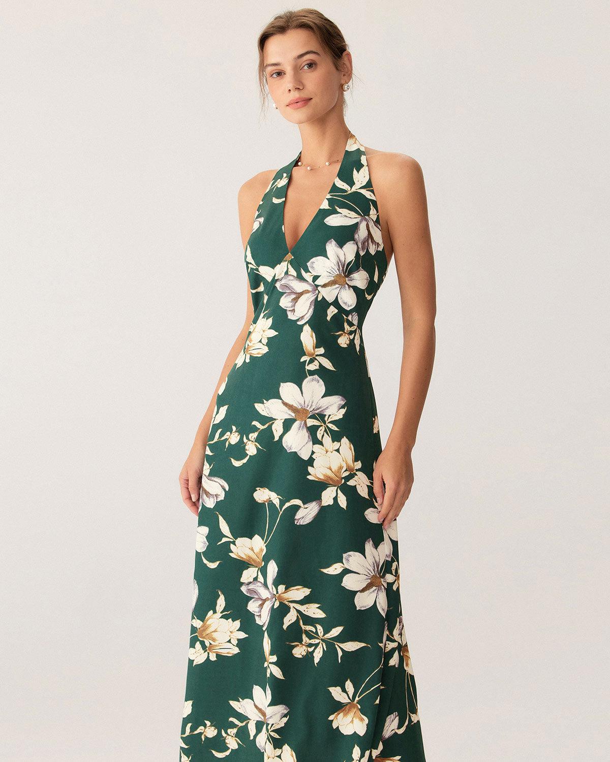 Green Floral Halter Maxi Dress Product Image