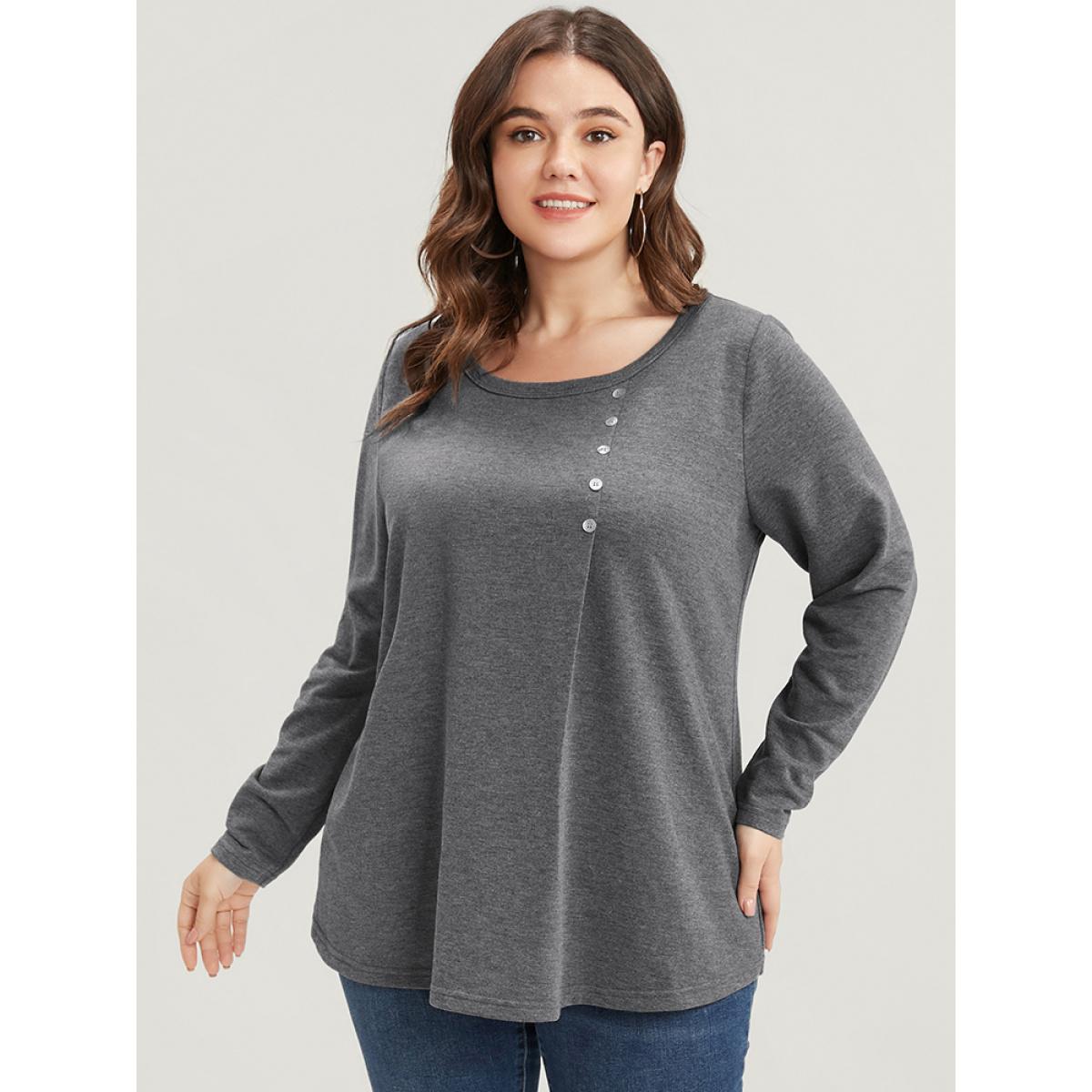 Plus Size Solid Crew Neck Button Detail Long Tee Gray Women Casual Button Plain Round Neck Dailywear T-shirts BloomChic 10/M Product Image