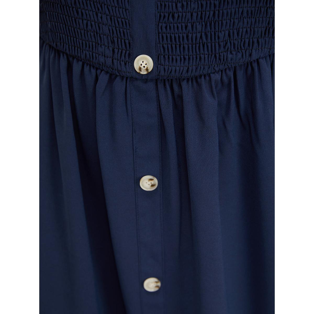 Plus Size Plain Button Detail Pocket Shirred Ruffles Knot Cami Dress Indigo Women Elegant Frill Trim Spaghetti Strap Sleeveless Curvy Knee Dress BloomChic 28/5X Product Image