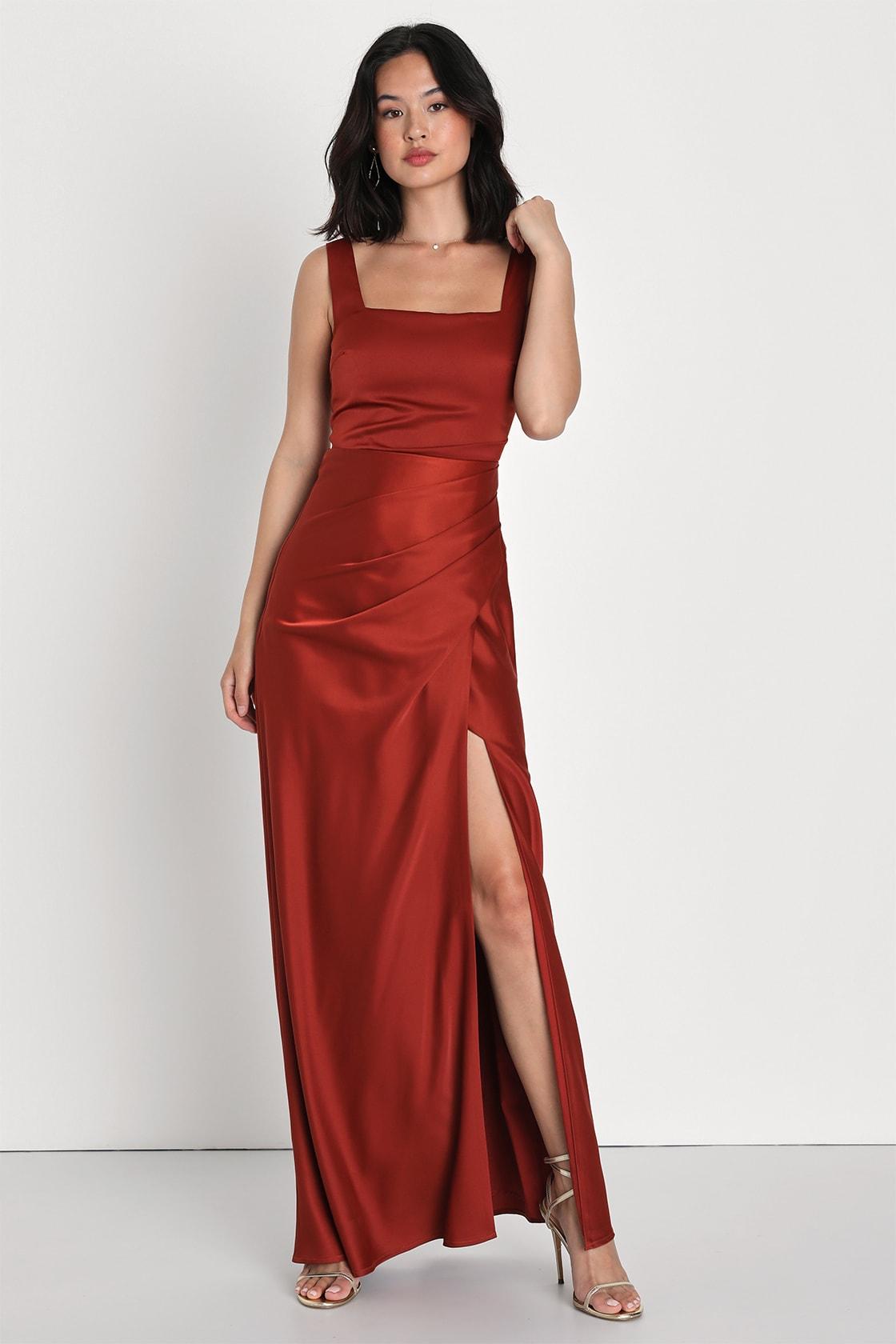 Red Carpet Romance Rust Orange Satin Square Neck Maxi Dress Product Image