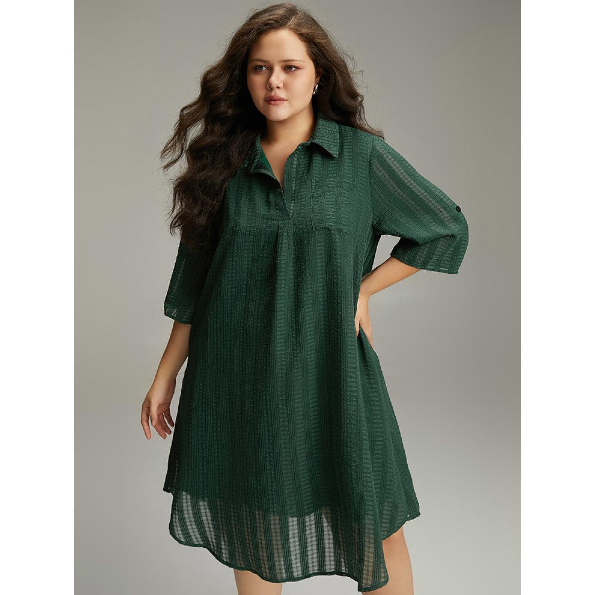 Plus Size Solid Textured Pocket Tab Sleeve Arc Hem Dress Cyan Women Office See through Shirt collar Elbow-length sleeve Curvy Knee Dress BloomChic 18-20/2X Product Image