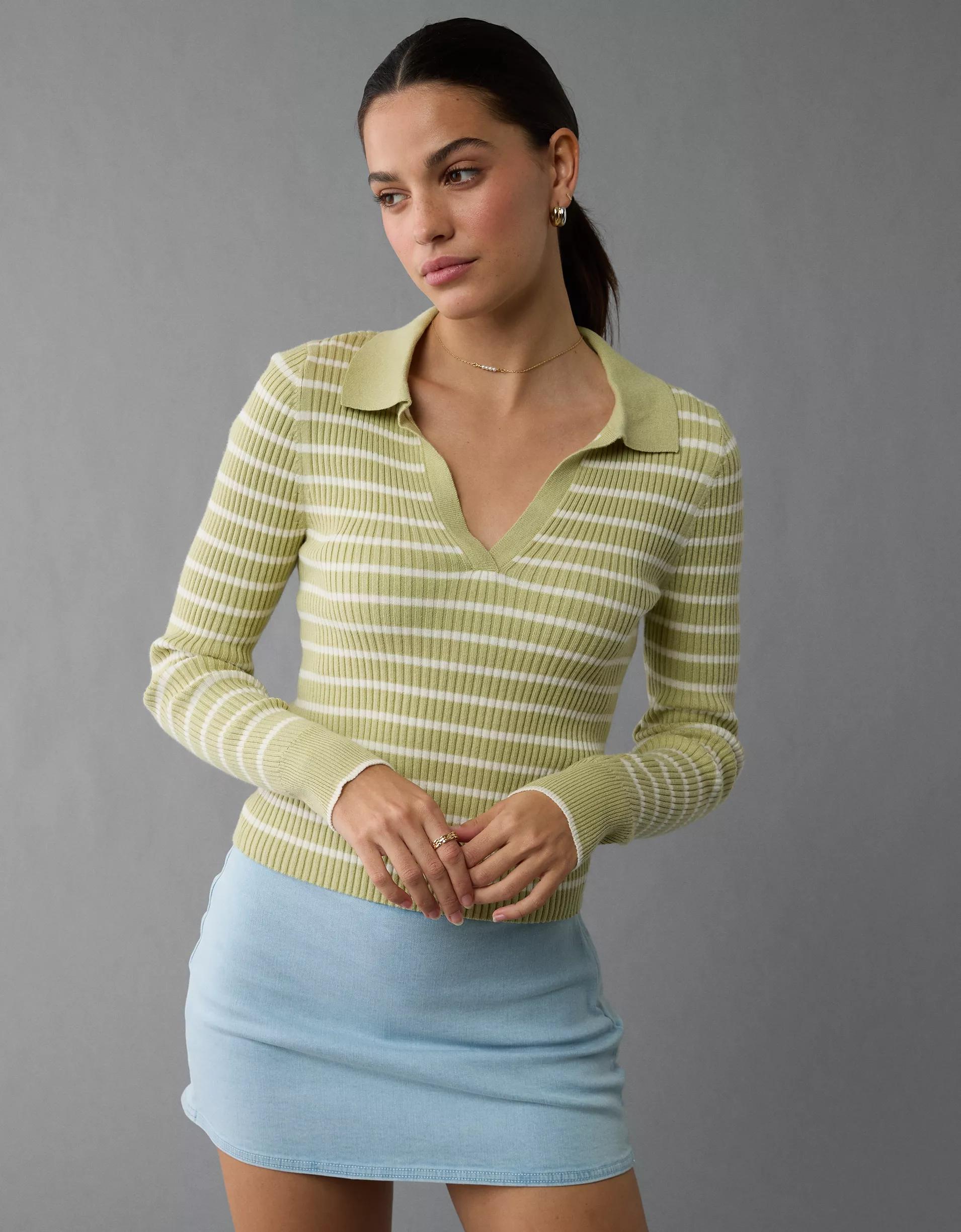 AE Long-Sleeve Striped Collared Polo Sweater Product Image