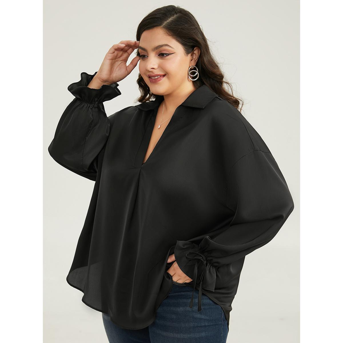 Plus Size Black Knot Pleated Lantern Sleeve Blouse Women Office Long Sleeve Shirt collar Work Blouses BloomChic 28/5X Product Image