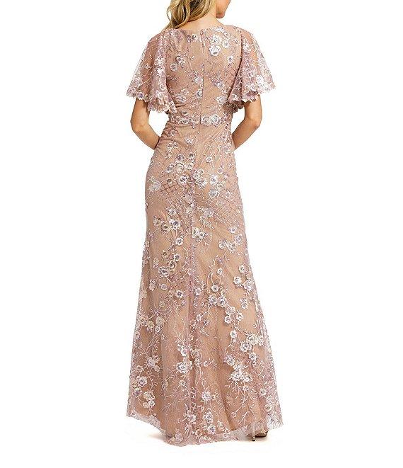Mac Duggal Embellished Lace V Neck Flutter Sleeve Gown Product Image