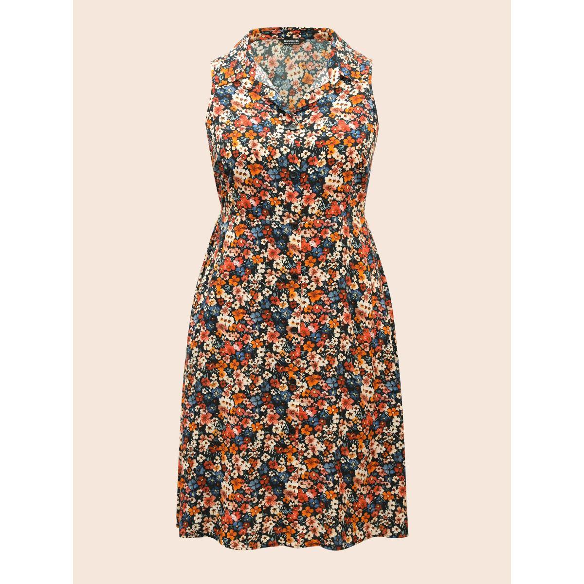 Plus Size Shirt Collar Ditsy Floral Sleeveless Dress Multicolor Women Casual Button Shirt collar Sleeveless Curvy BloomChic 22-24/3X Product Image