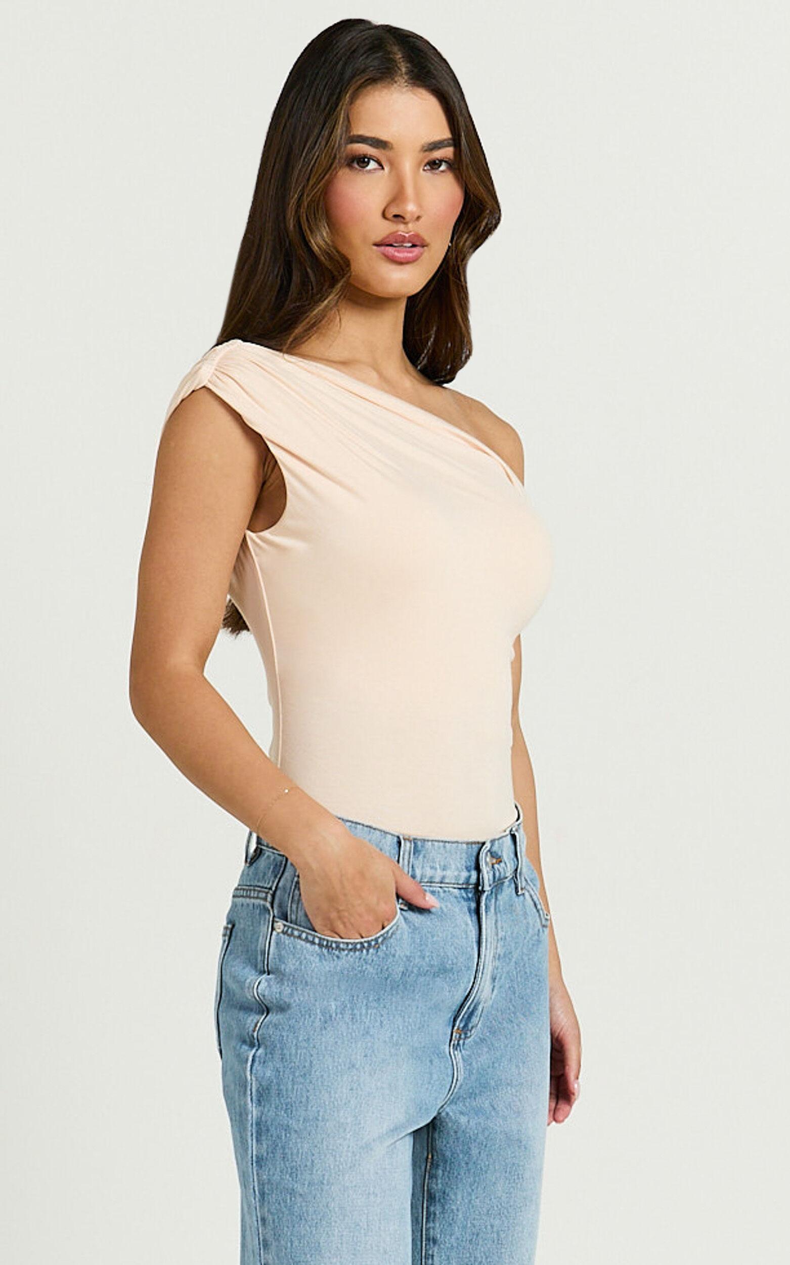Jialeen Top - Off Shoulder Twist Asymmetrical Sleeve Top in Sand Product Image