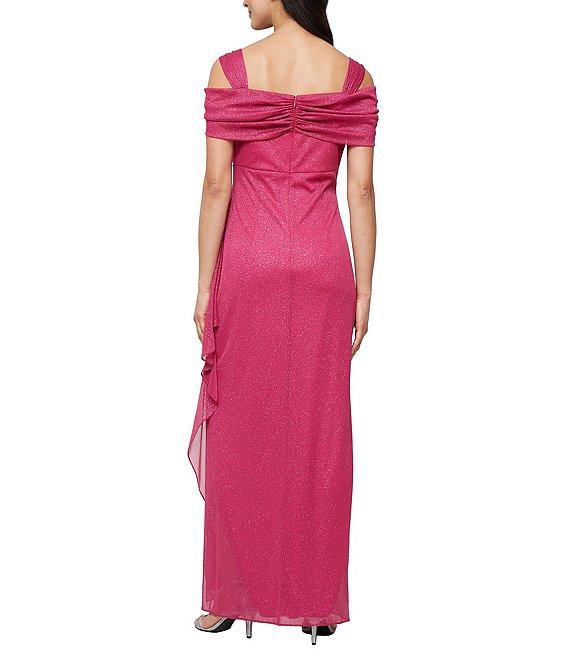 Alex Evenings Petite Size Cowl Square Neck Cap Sleeve Cold Shoulder Ruched Side Glitter Mesh Gown Product Image