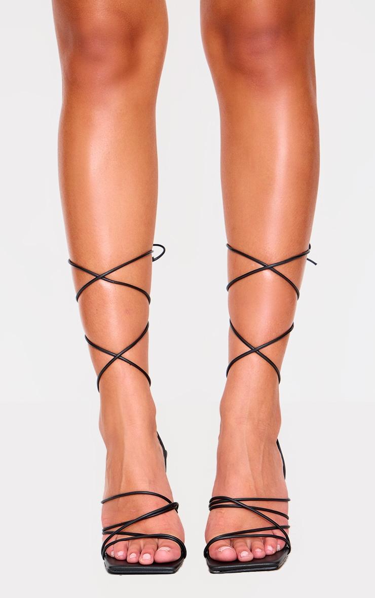 Black Pu Square Toe Strappy Lace Up Heel Sandals Product Image