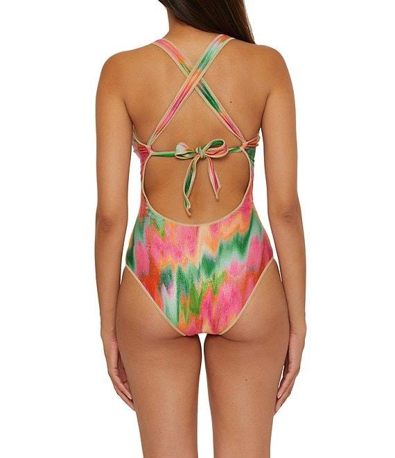 Becca By Rebecca Virtue Mirage Metallic Sweetheart Neck Lace-Up Bandeau One Piece Swimsuit Product Image