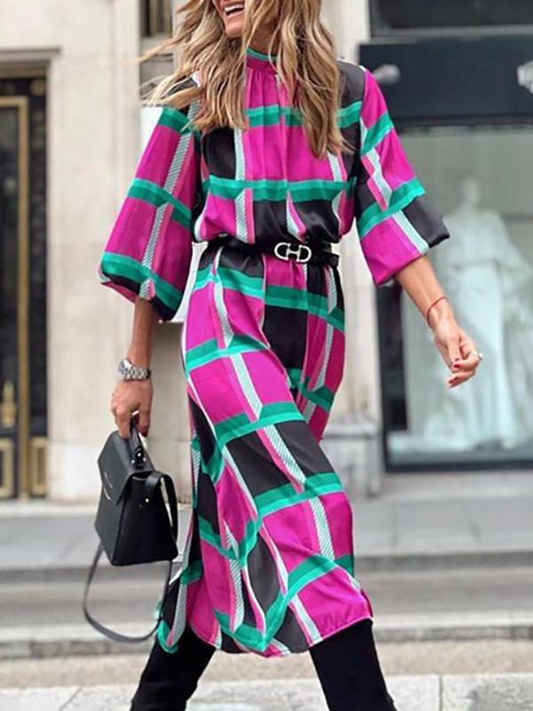 Half Sleeves Loose Contrast Color No Belt Pleated Round-Neck Midi Dresses Product Image