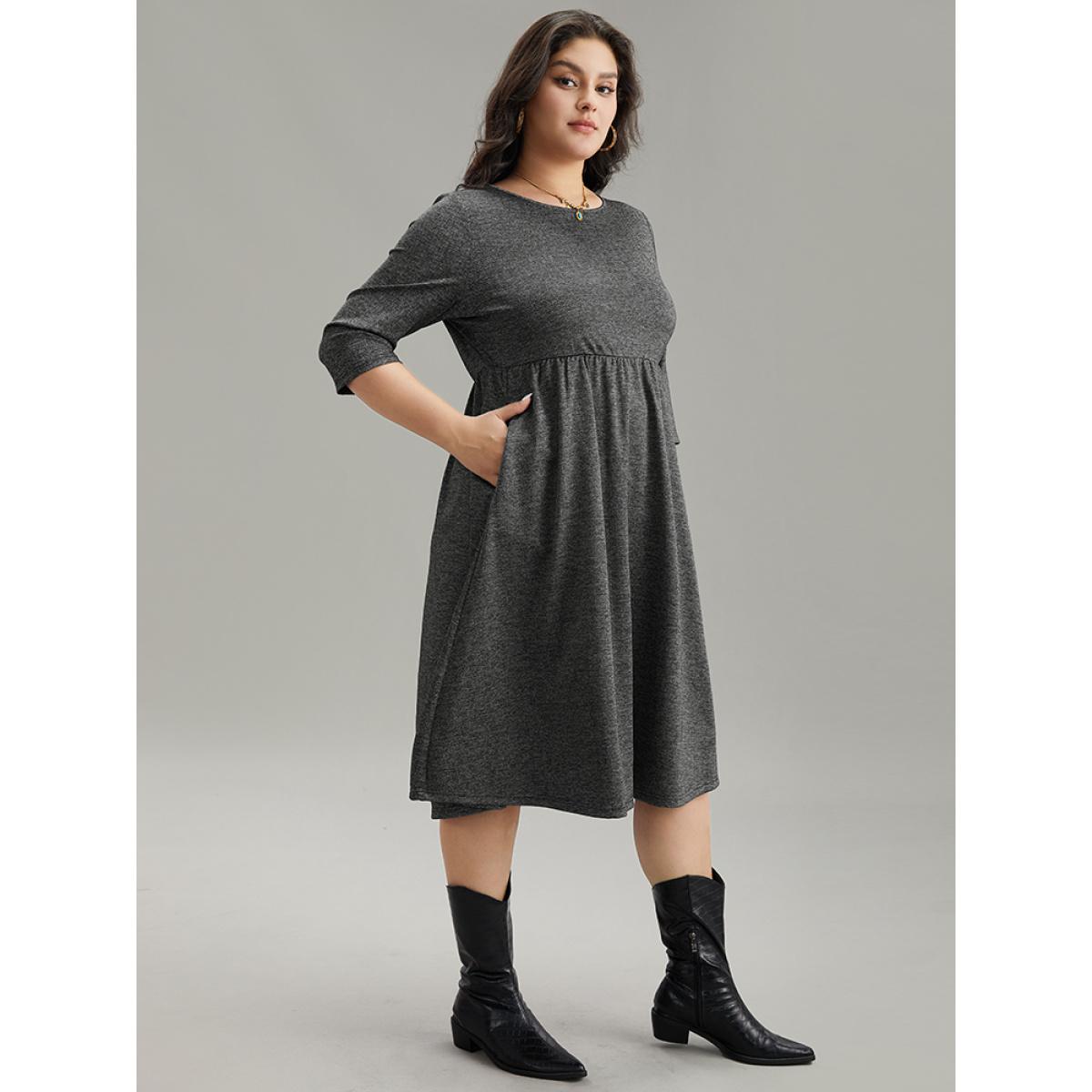 Plus Size Plain Textured Pocket Elastic Waist Gathered Dress DarkGray Women Casual Texture Round Neck Elbow-length sleeve Curvy Midi Dress BloomChic 22-24/3X Product Image