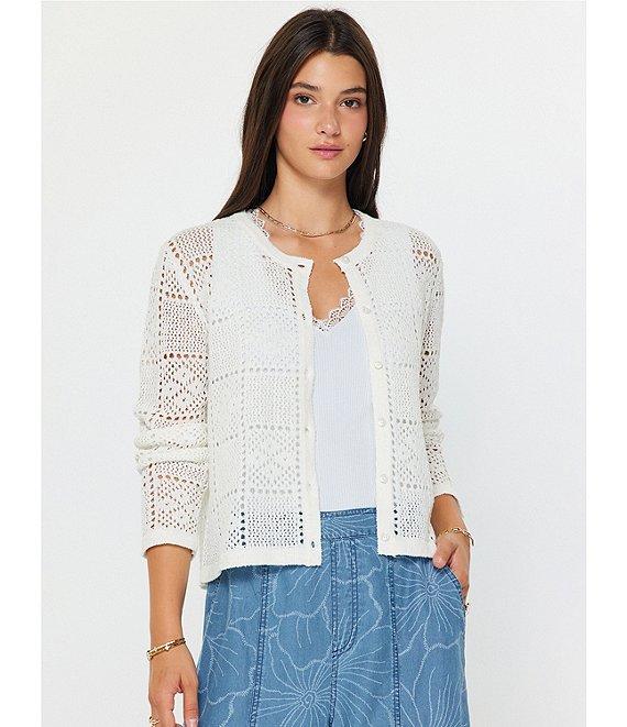Current Air Pointelle Knit Round Neck Long Sleeve Button Front Cardigan Product Image