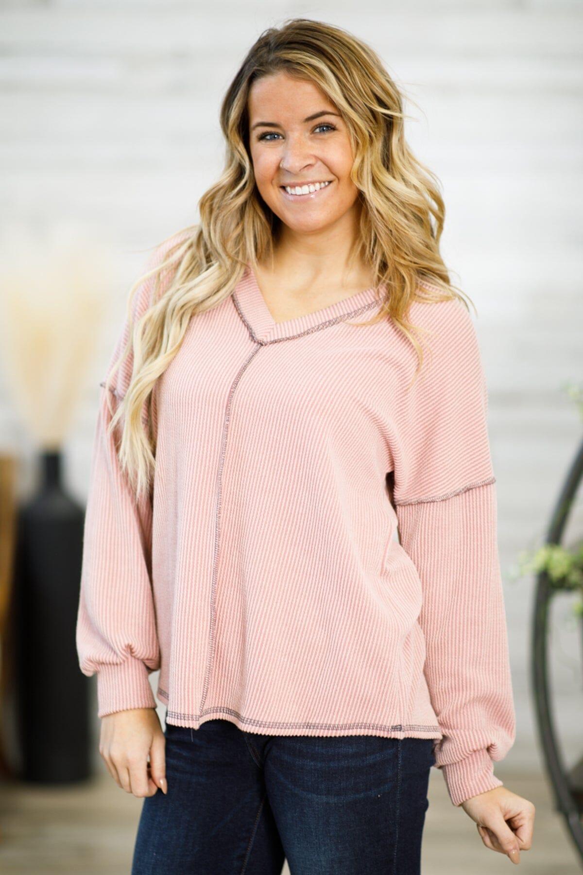 Dusty Rose V-Neck Rib Knit Drop Shoulder Top Product Image