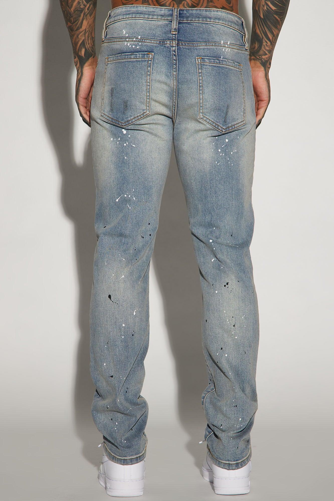 Ripped And Bleach Splatter Slim Jeans - Light Blue Wash Product Image