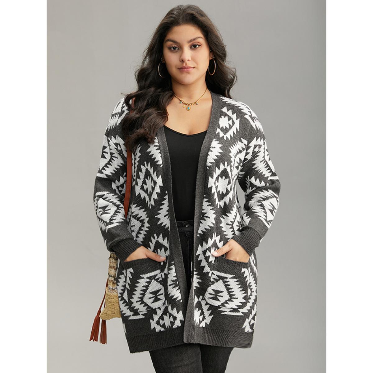 Plus Size Bandana Print Elastic Cuffs Patched Pocket Cardigan DimGray Women Casual Loose Long Sleeve Dailywear Cardigans BloomChic 12/L Product Image