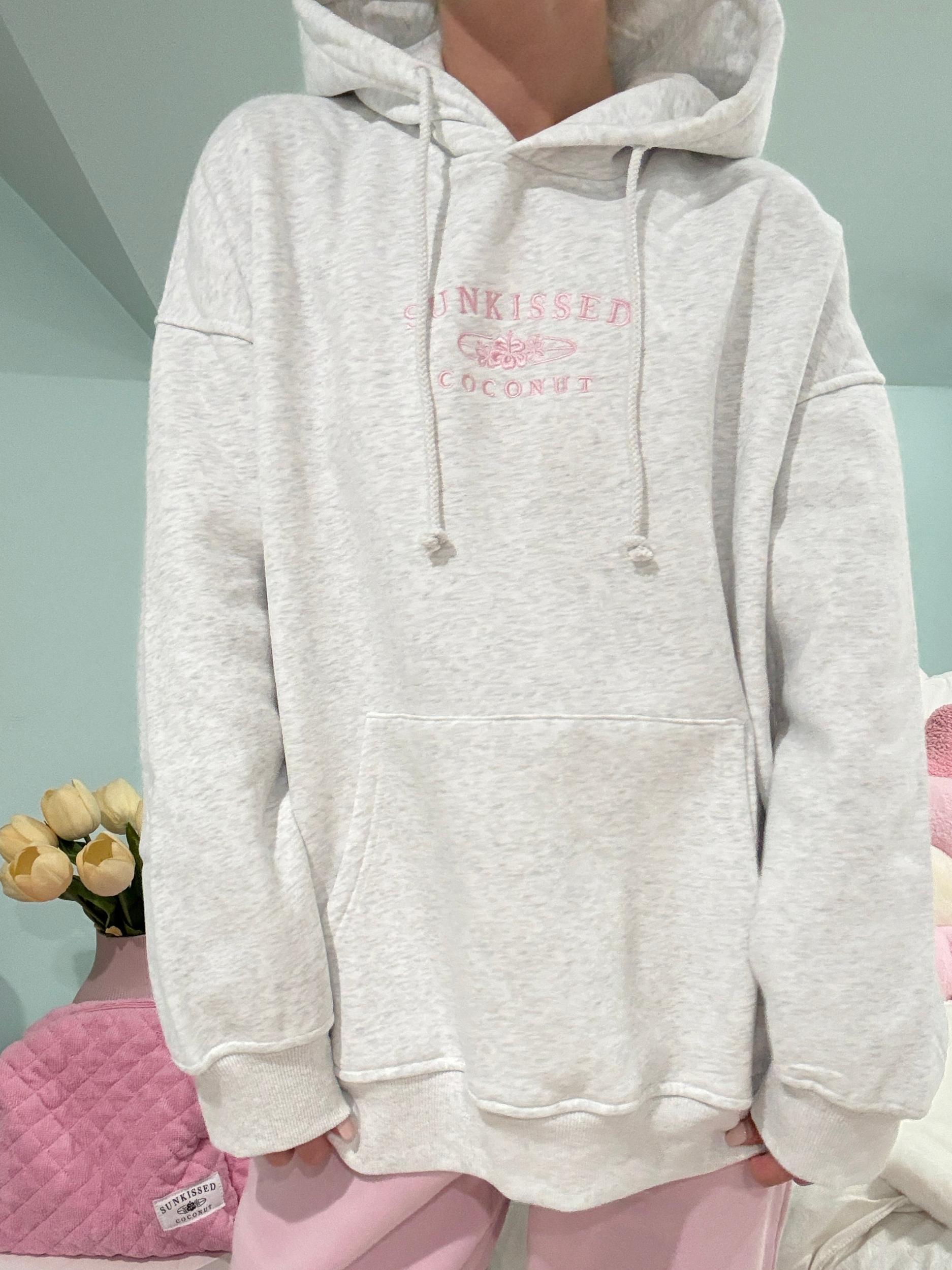 Pearl Grey and Pink Thread Sunkissedcoconut Logo Embroider Hoodie Product Image